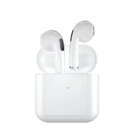 TWS semi-in-ear wireless headphones in charging case, featuring sleek design and noise-cancelling capabilities.