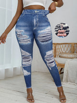 Women Imitation Denim Ripped Print Leggings