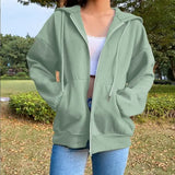Women Fleece Hoodie Solid Color Zip Up Sweatshirt