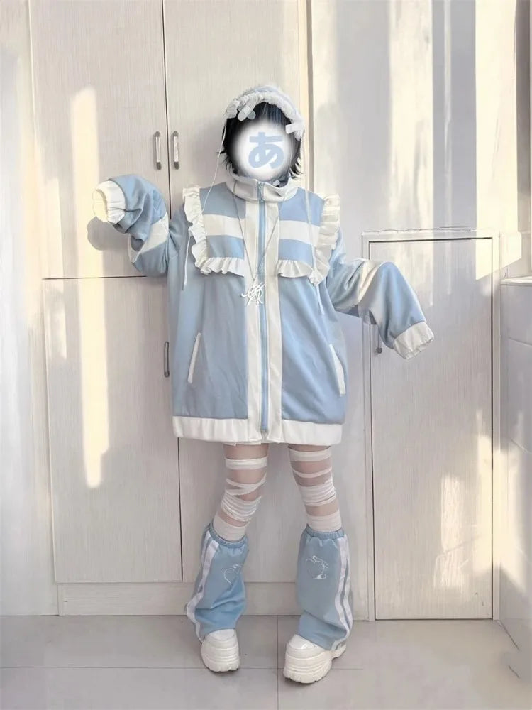 Japanese Patchwork Oversized Women's Coat – Y2K Lolita Ruffle Jacket