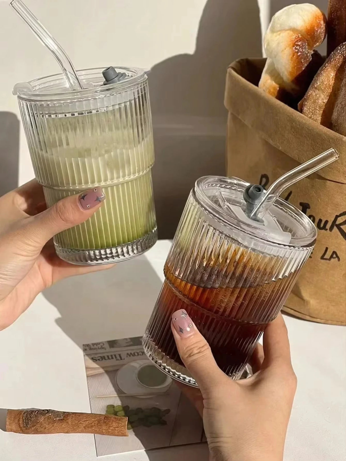 Stripe Glass Cup with Straw