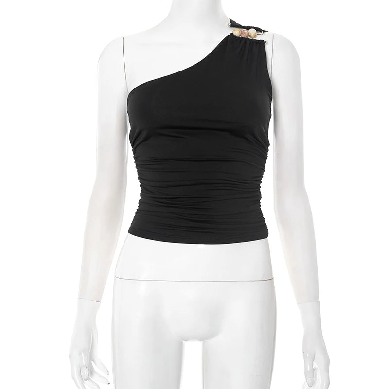 One-Shoulder Beaded Ruched Tank Top