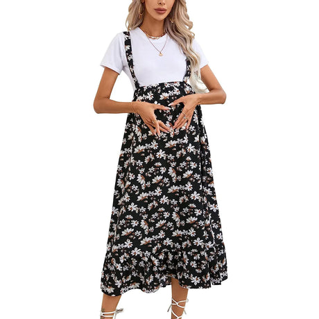 Comfortable floral maternity dress for summer with adjustable straps, perfect for expecting mothers.