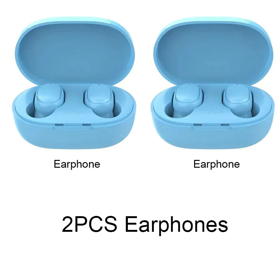 TWS A6S Wireless Bluetooth Headset in blue charging case with two earphones visible.