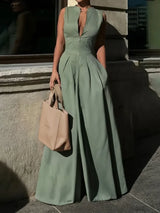 VivaVogue™ – V-Neck Wide Leg Sleeveless Jumpsuit (Elegant, Breezy & Modern)