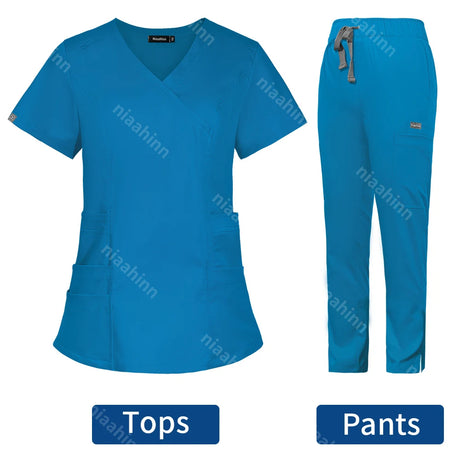 Solid color veterinary scrub set featuring a stylish top and comfortable pants in vibrant blue.