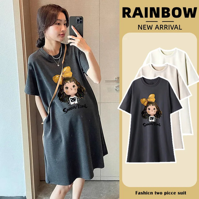 Sweet Casual Maternity T-Shirt Dress featuring cartoon design, available in multiple colors, perfect for summer wear.