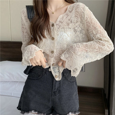SheerCharm™ lace sun shirt on model, featuring long sleeves, button closure, and V-neck design for a stylish summer look.