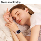 Woman sleeping with LEMFO LT10 Smart Watch 2024 showcasing sleep monitoring feature on wrist.