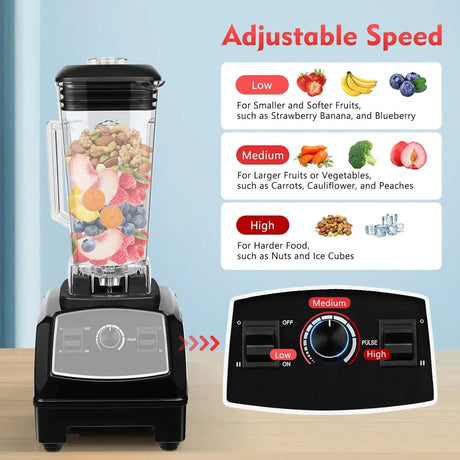 Countertop smoothie blender with adjustable speed settings and fruit ingredients, featuring stainless steel blades.