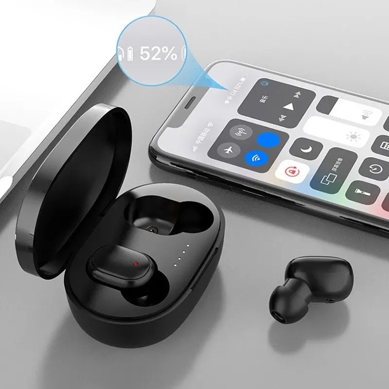 TWS A6S Wireless Bluetooth Headset charging case with earbuds and smartphone display showing battery level.