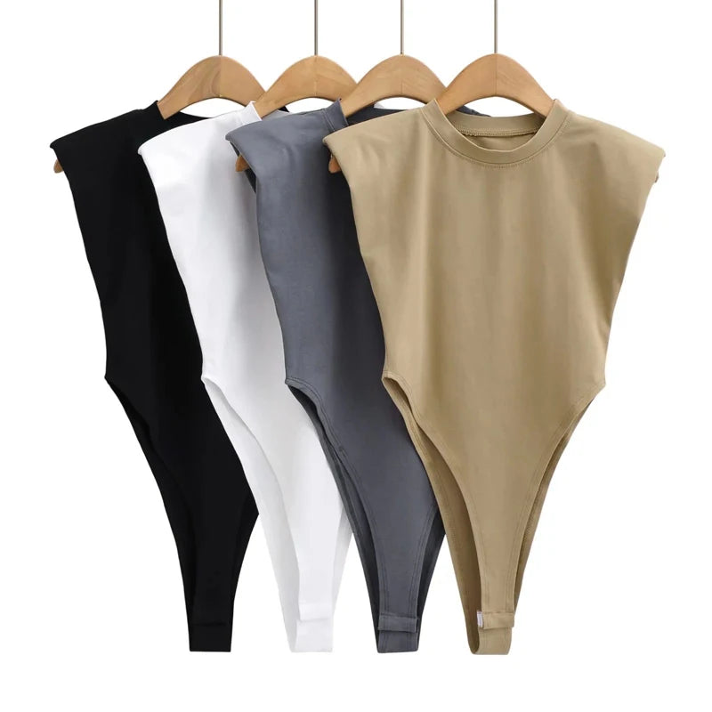 Women's Sleeveless Padded Shoulder Bodysuit – Summer Bodycon One-Piece