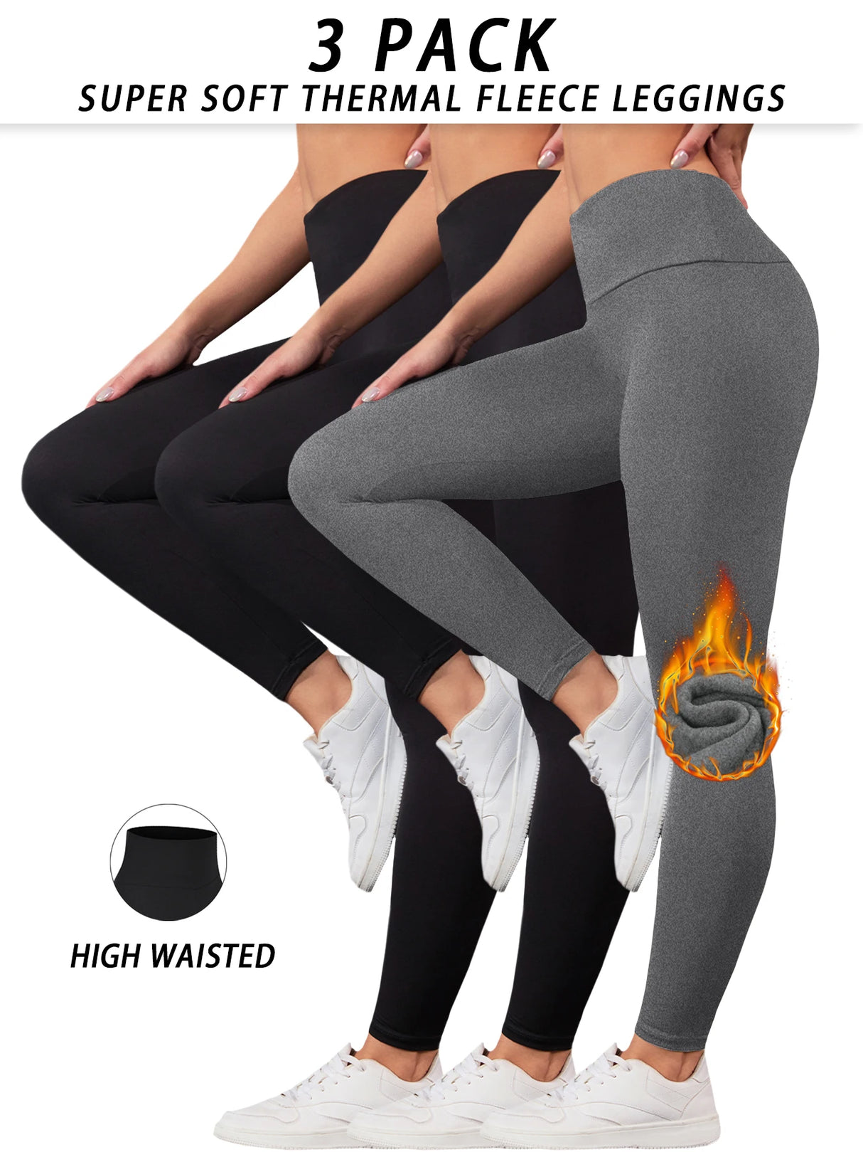 3-Pack Thermal Fleece Women's Leggings – High Waisted Winter Yoga Pants