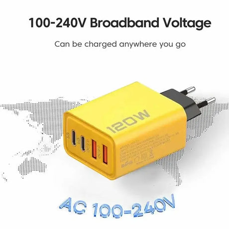 120W USB Type C fast charger with AC 100-240V voltage, designed for charging multiple devices anywhere.