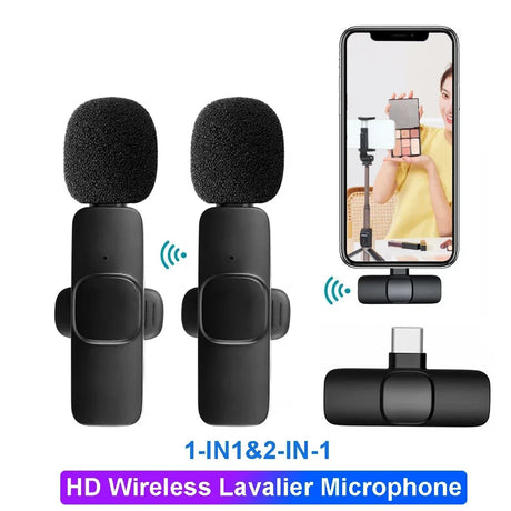 HD Wireless Lavalier Microphone for Streaming and Social Media, featuring dual mics for enhanced audio clarity.