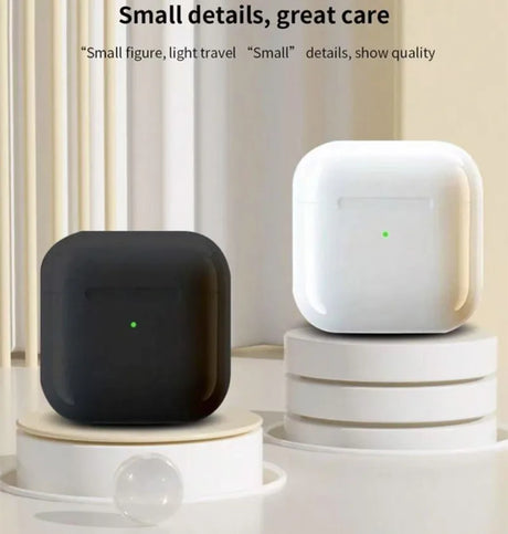 Pro 4 TWS Wireless Airbuds charging cases in black and white on display, emphasizing quality and compact design.