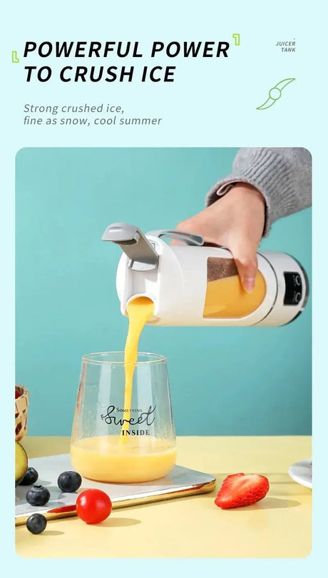 Juicer pouring smoothie into glass with crushed ice, showcasing powerful blending capabilities for refreshing summer drinks.