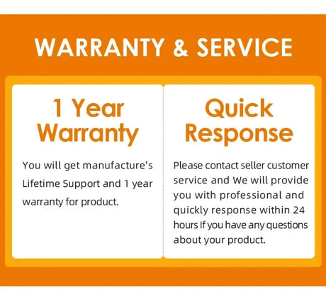 Warranty and service details including 1 year warranty and quick customer response information.