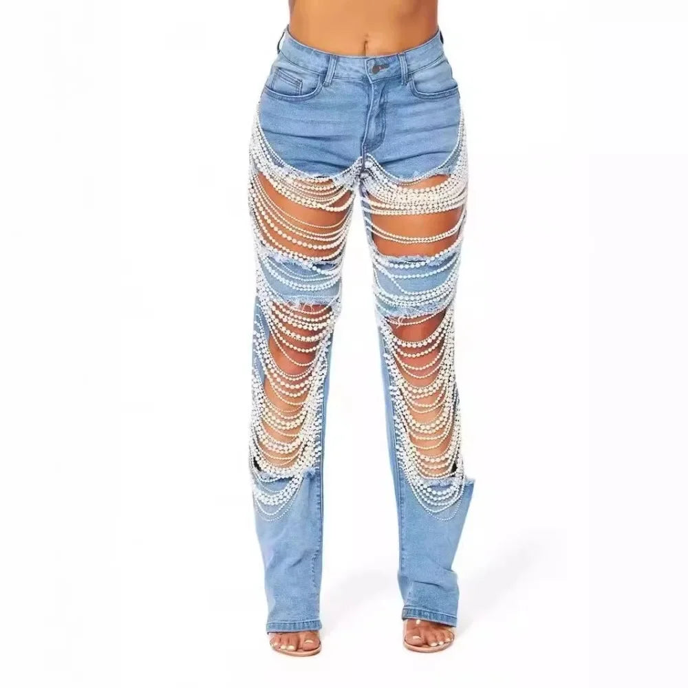 ChainTear™ – Bead Chain Ripped Slim Denim Pants 2025 (Grungy, Sleek & Decorative)