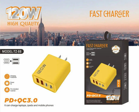 120W fast charger with PD and QC 3.0, designed to charge laptops, iPads, and mobile phones efficiently.