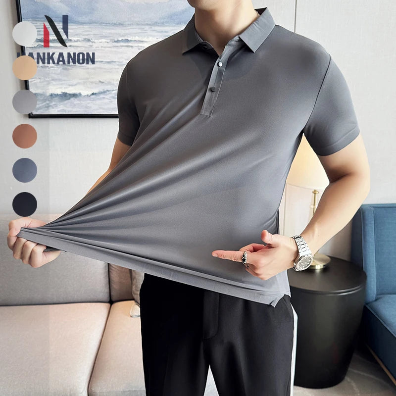 Men Ice Silk Polo Shirt Brown Top
