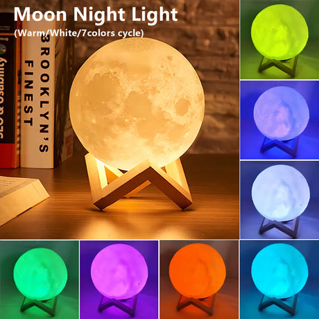 LED moon night light with 7 color options and wooden stand, perfect for decor and ambiance.