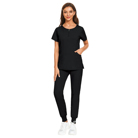 7-Color Nursing Work Uniform in black featuring a zippered V-neck top and matching pants, suitable for various workplaces.