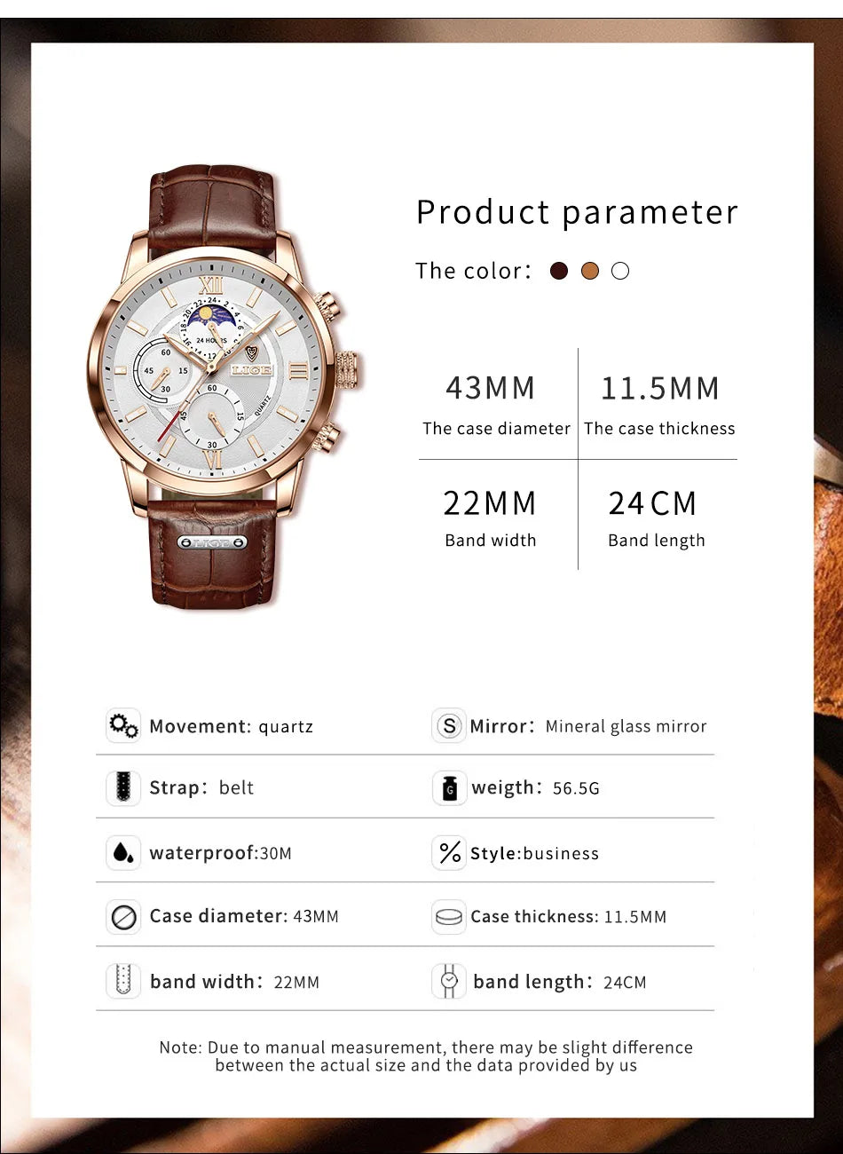 LIGE Men’s Leather Quartz Sports Watch