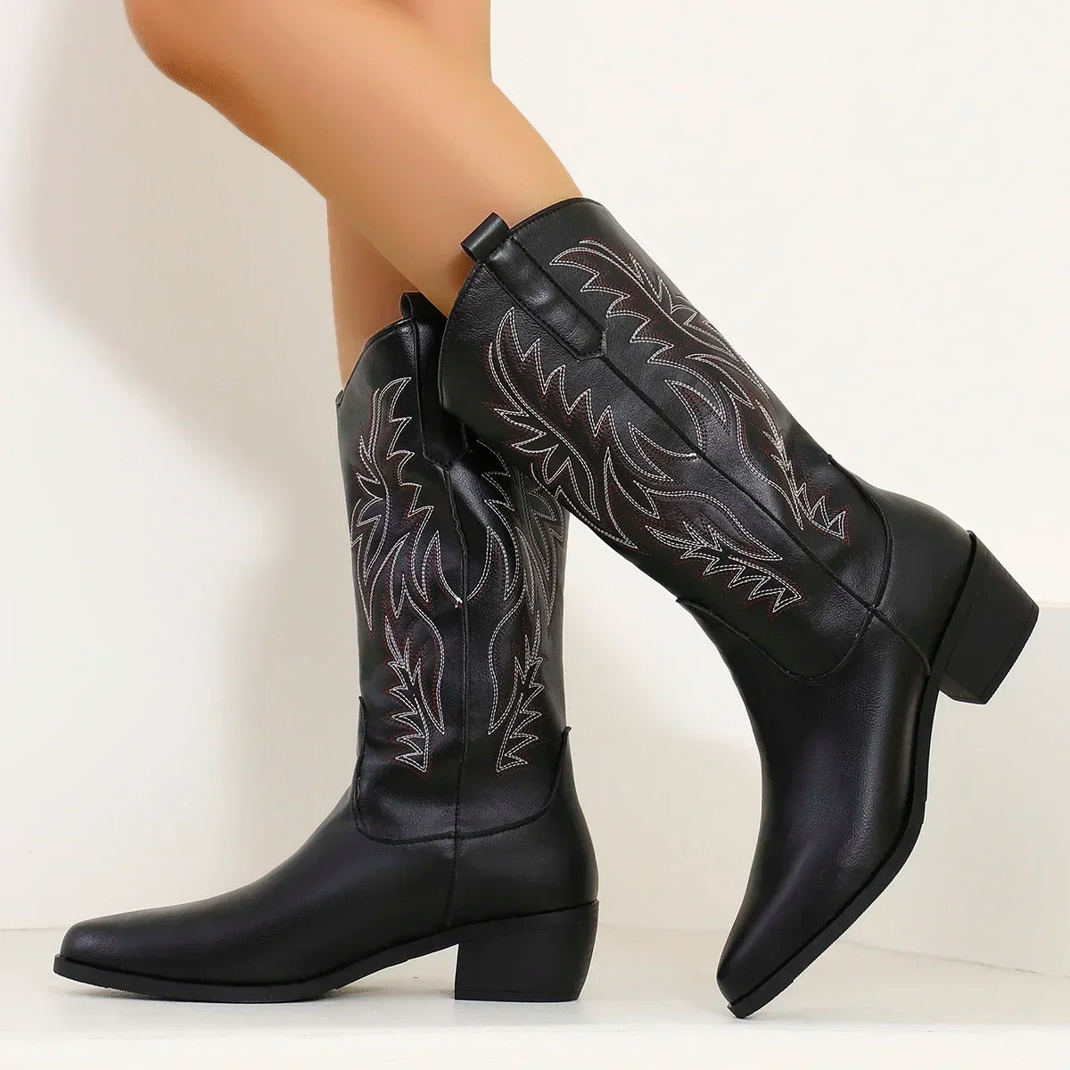 Women Mid Calf Boots Pointed Toe Fur Heels