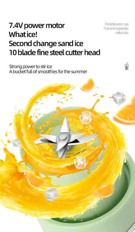 Wireless portable juicing bucket with 7.4V motor and 10-blade cutter, ideal for smoothies and ice crushing.