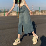 SplitEase™ – Long Washed Denim Skirt (High Waist, Hip Cover A-line)