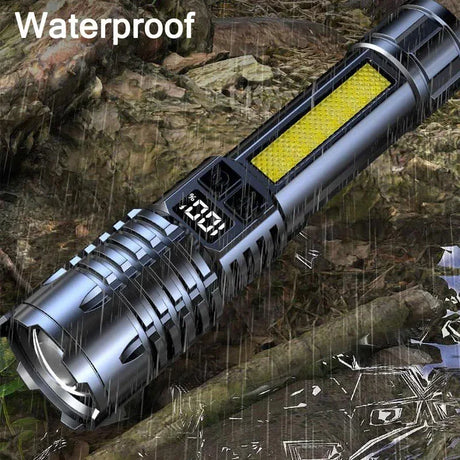 Heinast high power rechargeable LED flashlight in waterproof design, suitable for camping and outdoor activities.