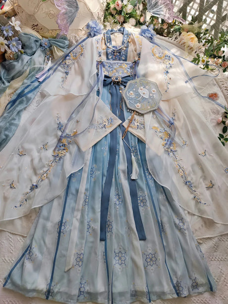 Women’s Fairy Hanfu in blue featuring intricate embroidery, perfect for summer costume parties and dance performances.