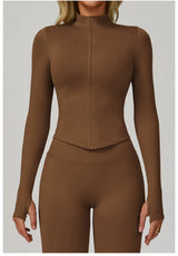 Ribbed Women's Yoga Jacket – Long Sleeve Standing Collar Fitness Top