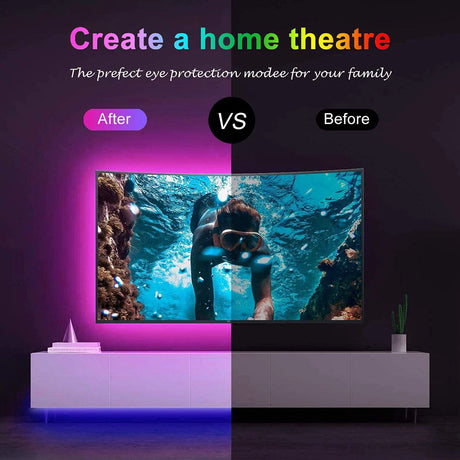 Comparison of home theater setup before and after using RGB LED strip lights for improved viewing experience.