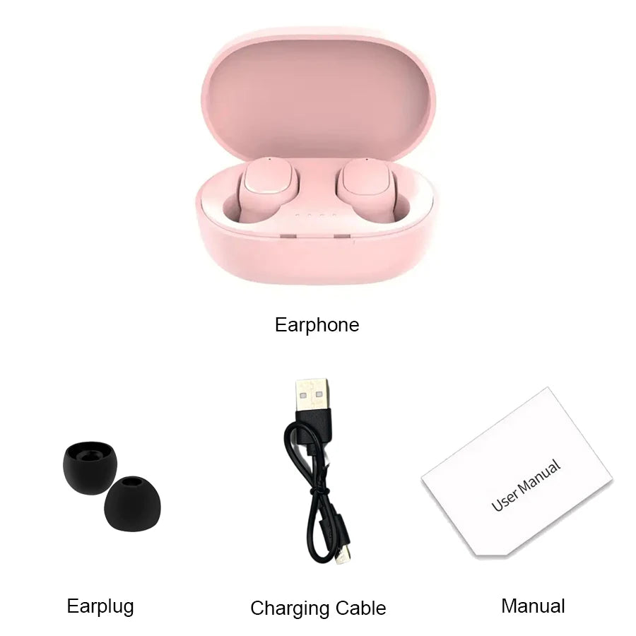 TWS A6S wireless Bluetooth headset in pink charging case with earplugs and USB cable displayed.