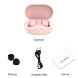 TWS A6S wireless Bluetooth headset in pink charging case with earplugs and USB cable displayed.