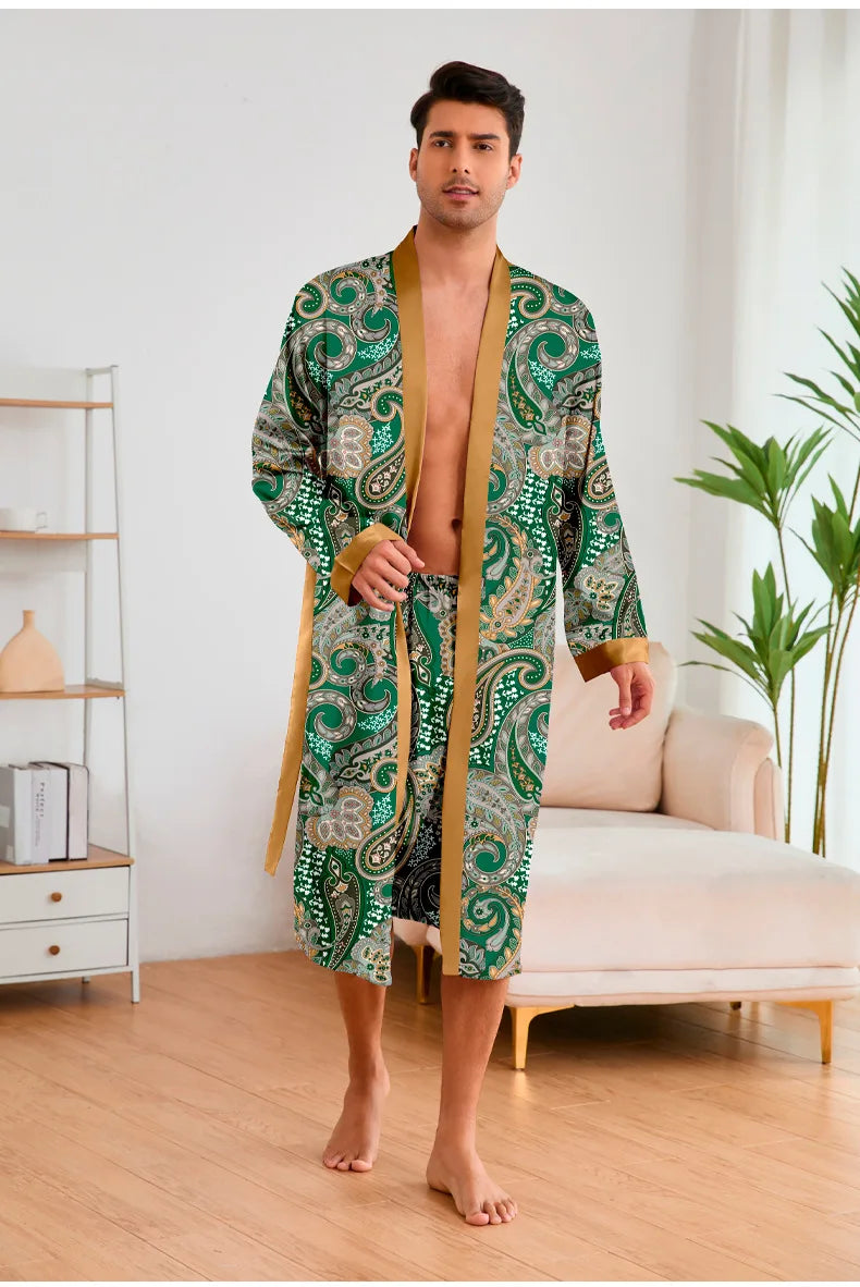 Men’s Leopard Satin Bathrobe Set