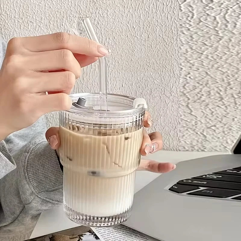 Stripe Glass Cup with Straw