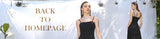 Model showcasing a black dress with spaghetti straps against a backdrop advertising 'Back to Homepage'.