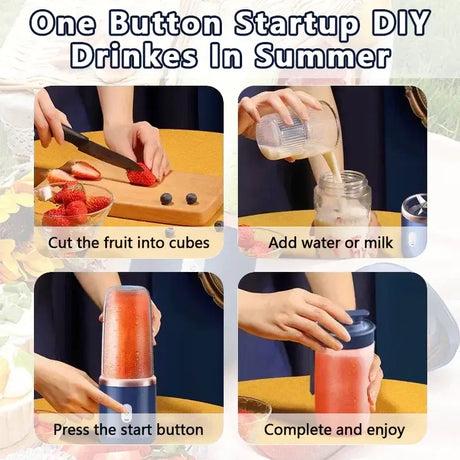 Step-by-step guide for making DIY summer drinks: cut fruit, add liquid, blend, and enjoy.