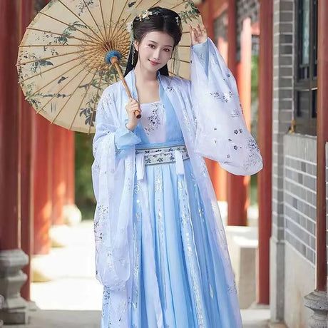 Woman in a Tang Dynasty blue Hanfu costume holding a decorative umbrella, showcasing traditional Chinese fashion.