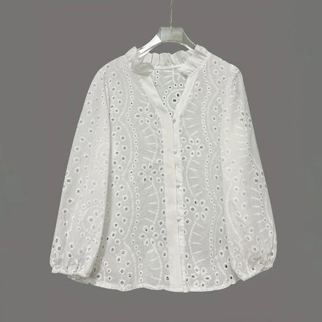 LaceWhisper™ Hollow Out White Lace Shirt, elegant long sleeve blouse in delicate embroidery and v-neck design.