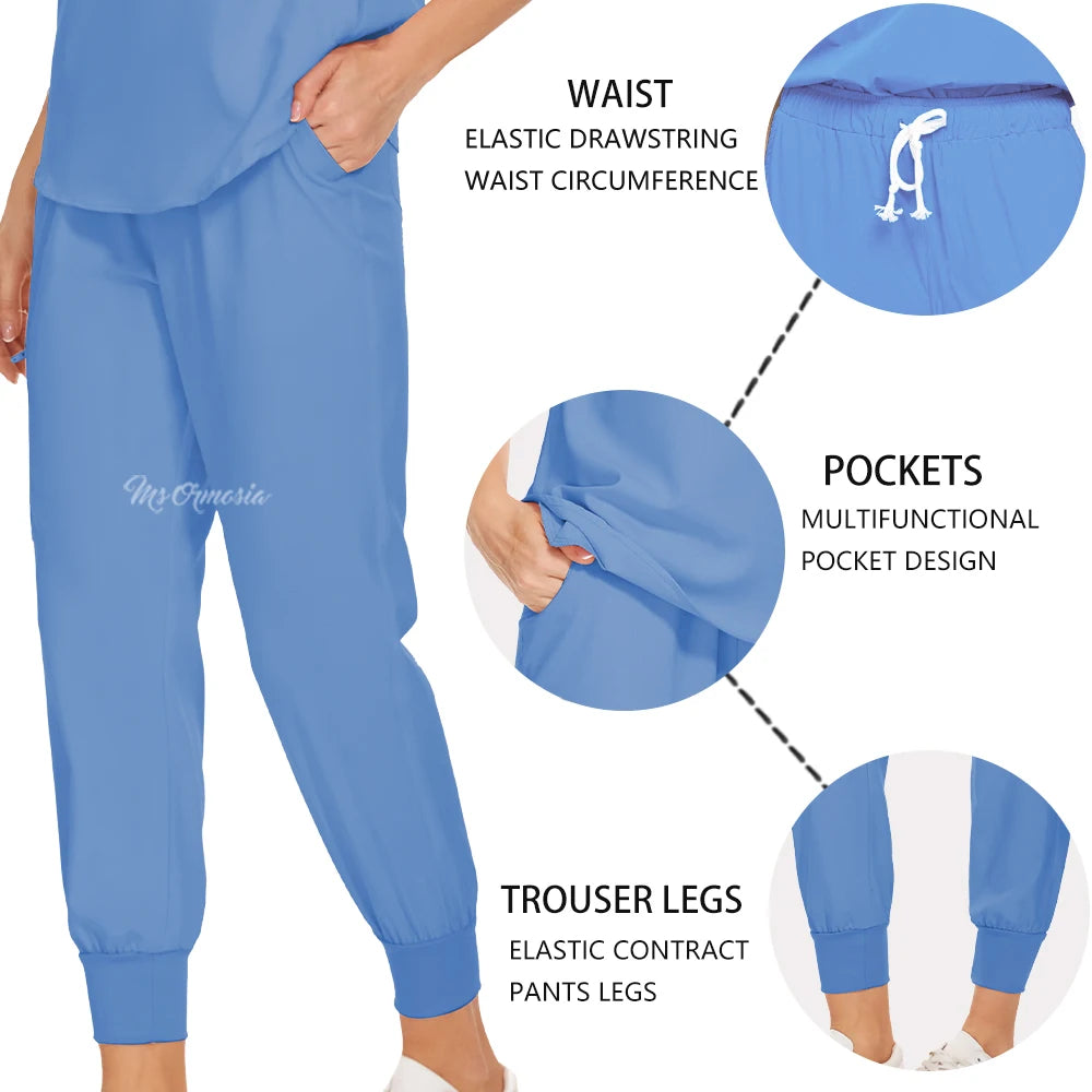 Blue women's medical workwear pants featuring elastic drawstring waist and multifunctional pockets.