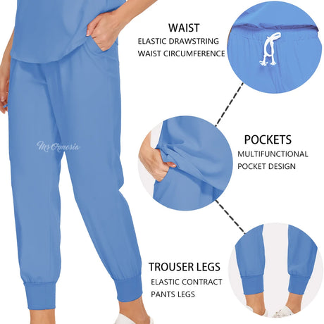 Blue women's medical workwear pants featuring elastic drawstring waist and multifunctional pockets.