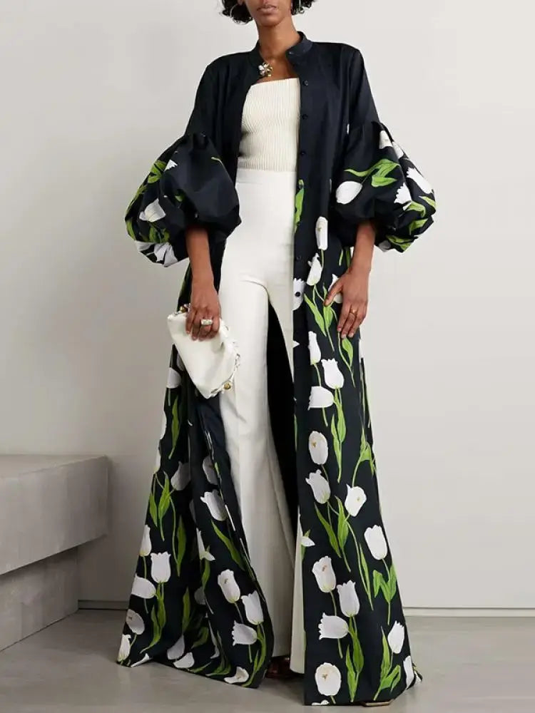 Women Floral Print Trench Coat Dress