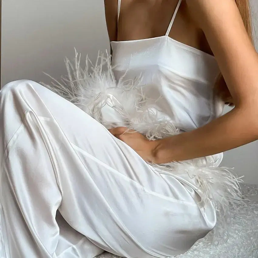 Women Satin Pajama Set with Feather Trim Pants