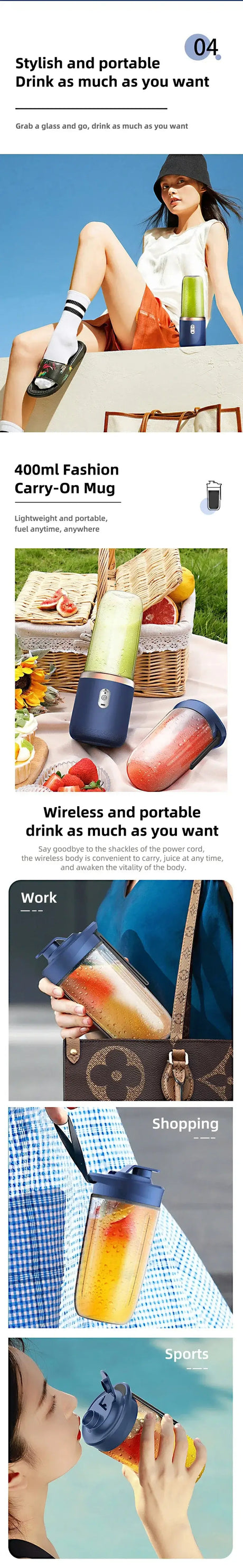 Stylish portable 2 cup fruit juicer blender showcased in use, highlighting convenience and design.