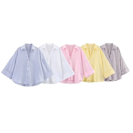 WideLine™ oversized striped shirts in blue, white, pink, yellow, and gray for women, perfect for summer casual wear.
