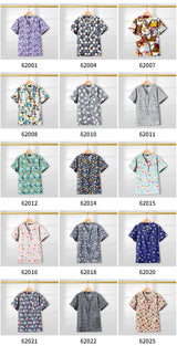 Variety of printed short sleeve nursing scrub tops hanging on display, featuring colorful designs and patterns.